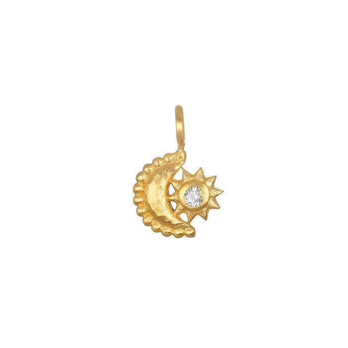 Rising Moon and Sun Charm featuring a crescent moon cradling a sun, perfect for spiritual jewelry and meditation. This talisman symbolizes zodiac energy and offers protection, combining the essence of sun and moon for yoga and meaningful manifestation.