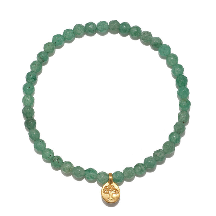 Green aventurine round beads stretch bracelet with gold-tone Tree of Life charm pendant.