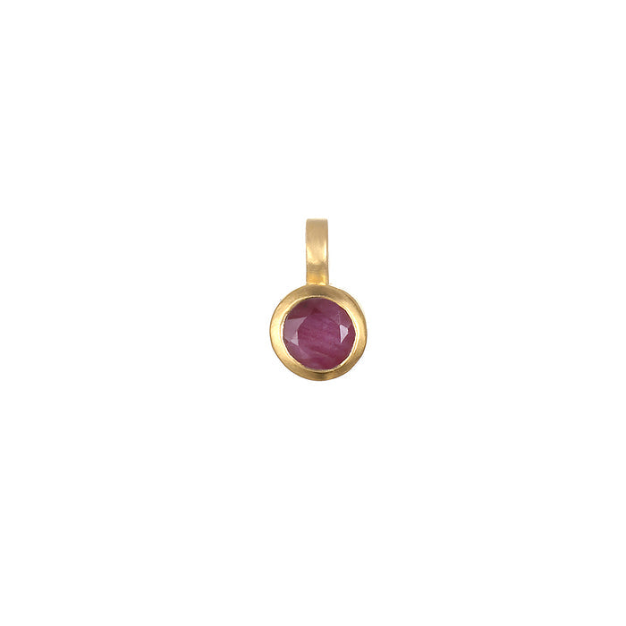 Ruby Bezel Charm featuring a brilliant ruby stone set in 18kt gold plate, perfect for spiritual jewelry and meditation, symbolizing passion and prosperity.