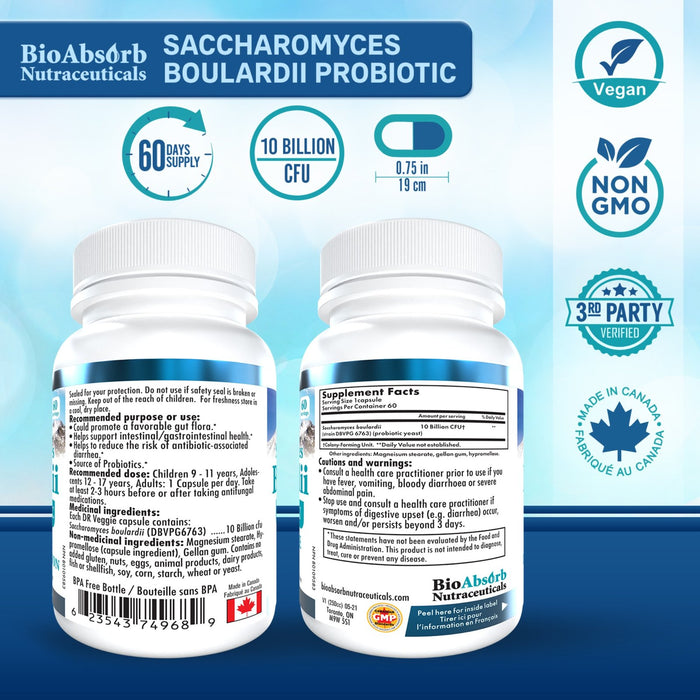 Saccharomyces Boulardii Probiotic. 10 Billion CFU.
