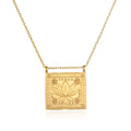 Sacred Commencement Lotus Necklace featuring a gleaming square pendant with an engraved lotus flower symbolizing new beginnings and full potential. This spiritual jewelry piece serves as a talisman for meditation and manifestation, perfect for yoga enthusiasts and those seeking meaningful protection from the universe.