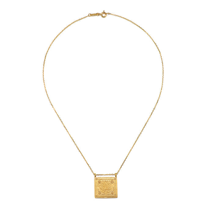 The Sacred Commencement Lotus Necklace on a plain background, highlighting its intricate design and 18k gold plating, a beautiful talisman for manifestation and spiritual protection.