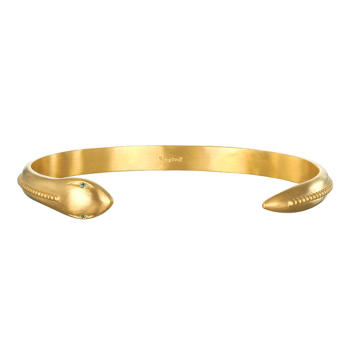 Sacred Guidance Snake Cuff Bracelet displayed elegantly, representing spiritual jewelry and a talisman for meditation and protection. The 18kt gold plated snake design signifies renewal, immortality, and is perfect for yoga practitioners seeking meaning and manifestation in their lives.