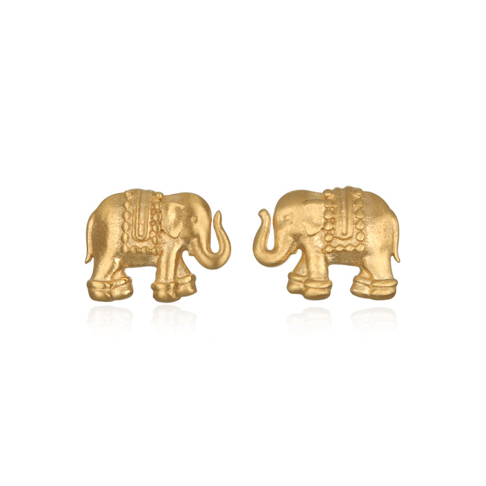 Sacred Shelter Earrings featuring two 18k gold plate elephants, symbolizing strength and good fortune, ideal for spiritual jewelry and meditation gifts, reflecting meaningful and protective qualities.