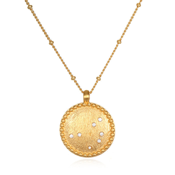 Sacred Sisterhood Constellation Necklace showcasing an 18k gold plated pendant with white topaz gemstones, embodying themes of spirituality and harmony. Perfect as a meditation gift, this necklace symbolizes sisterhood and individuality, making it a meaningful addition to your spiritual jewelry collection. Wear it as a protective amulet representing your zodiac connection.