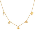 Gold-tone choker necklace with five dangling charms: hamsa hand, elephant, heart, eye, and lotus flower, each set with white