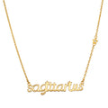 Sagittarius Freedom Zodiac Script Necklace featuring a delicate gold design with the word 'sagittarius' and star accents, perfect for spiritual jewelry, meditation, and manifestation. This meaningful necklace symbolizes the Sagittarius spirit, making it an ideal talisman for protection and a reflection of your zodiac. Perfect for yoga enthusiasts or those seeking greater meaning in their journeys.