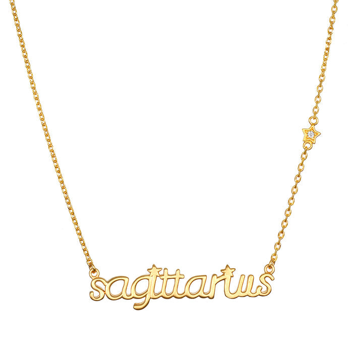Sagittarius Freedom Zodiac Script Necklace featuring a delicate gold design with the word 'sagittarius' and star accents, perfect for spiritual jewelry, meditation, and manifestation. This meaningful necklace symbolizes the Sagittarius spirit, making it an ideal talisman for protection and a reflection of your zodiac. Perfect for yoga enthusiasts or those seeking greater meaning in their journeys.
