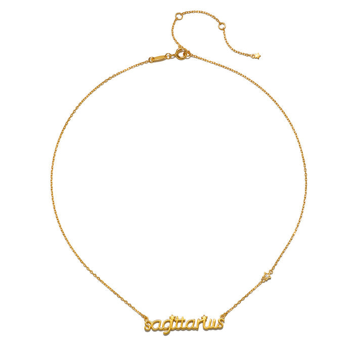 Elegant Sagittarius Freedom Zodiac Script Necklace showcasing the word 'sagittarius' in gold with a minimalistic charm, embodying the essence of spiritual jewelry and zodiac energy. This necklace serves as a beautiful talisman for meditation and manifestation, connecting the wearer with their sun and moon signs while promoting protection and meaningful exploration.