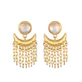 Scattering Stardust Moonstone Fringe Stud Drop Earrings, featuring elegant moonstone stones with cascading chains that evoke spiritual jewelry meaning, perfect for meditation and embodiment of zodiac energies, aligning with the essence of the sun and moon for protection and manifestation.