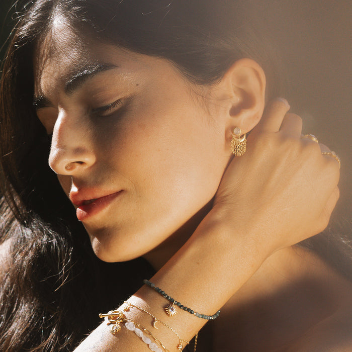 Portrait of a woman elegantly showcasing Scattering Stardust Moonstone Fringe Stud Drop Earrings, highlighting the allure of spiritual jewelry while embodying the connection to zodiac influences, meditation, and protective powers for meaningful self-expression.