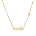Scorpio Transformation Zodiac Script Necklace featuring a delicate gold pendant with the word 'scorpio' and a small star charm, perfect for spiritual jewelry and meditation. This stunning piece serves as a talisman representing the zodiac sign, infused with meaning for manifestation and protection in your yoga practice.