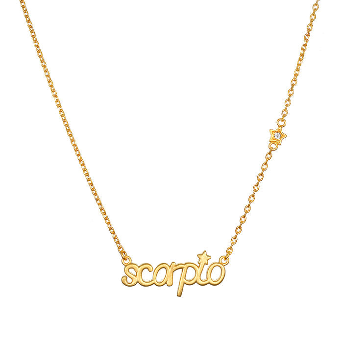 Scorpio Transformation Zodiac Script Necklace featuring a delicate gold pendant with the word 'scorpio' and a small star charm, perfect for spiritual jewelry and meditation. This stunning piece serves as a talisman representing the zodiac sign, infused with meaning for manifestation and protection in your yoga practice.