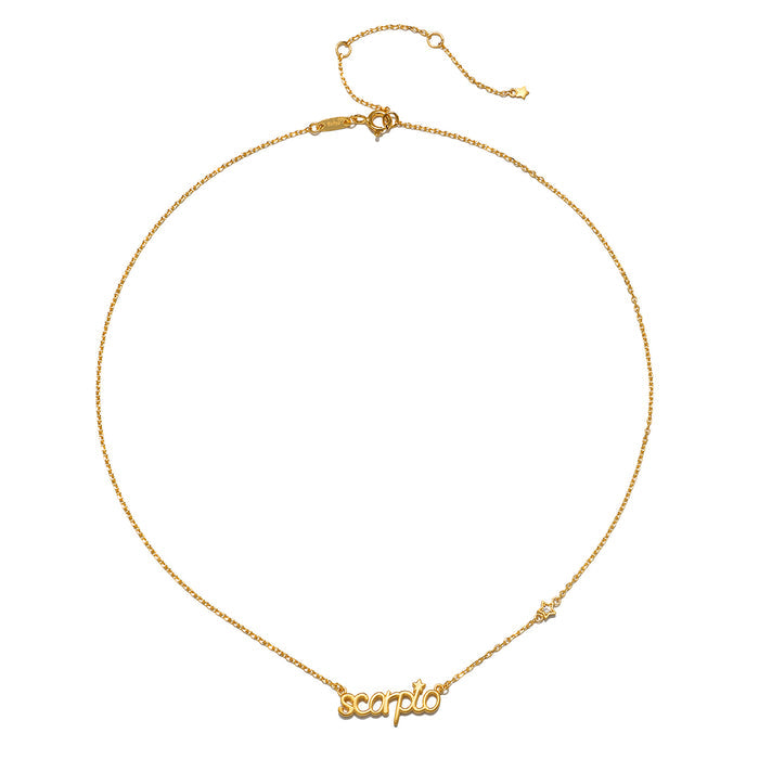 Scorpio Transformation Zodiac Script Necklace, a meaningful piece of spiritual jewelry featuring the word 'Scorpio' in an elegant script. Crafted with care, this talisman embodies the essence of zodiac energy, perfect for meditation and manifestation practices. Ideal for yoga enthusiasts seeking spiritual connection, this necklace symbolizes transformation and emotional depth, making it a protective charm infused with the energy of the sun and moon.
