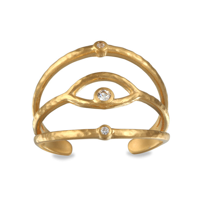 Shielded from Negativity Eye Gold Adjustable Ring featuring an intricate design with white topaz accents, symbolizing protection and enlightenment—ideal as spiritual jewelry for meditation gifts or meaningful mantra practices. Perfect for yoga lovers seeking a protective and sacred accessory connected to zodiac energies.