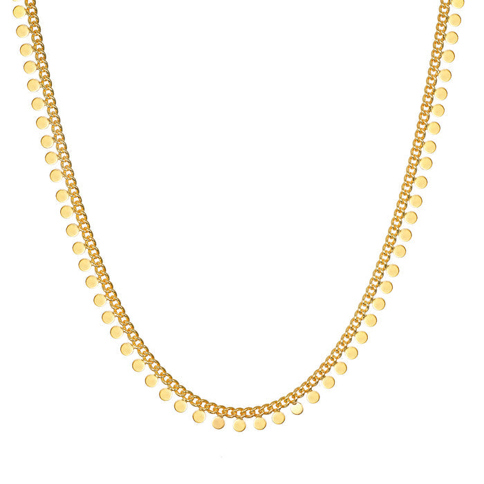 Shine a Light Coin Chain Necklace showcasing delicate coins that reflect light, embodying spiritual jewelry, meditation, and protection. Perfect for layering and enhancing your yoga practice.