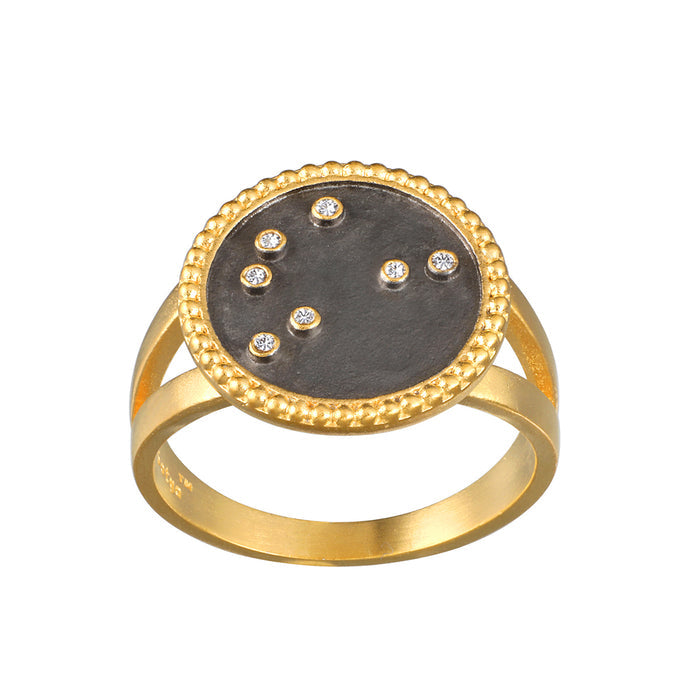 Shine in Sisterhood Constellation Ring featuring a gold plated design with pyrite stars, embodying spiritual jewelry concepts like meditation and manifestation, ideal for zodiac enthusiasts.