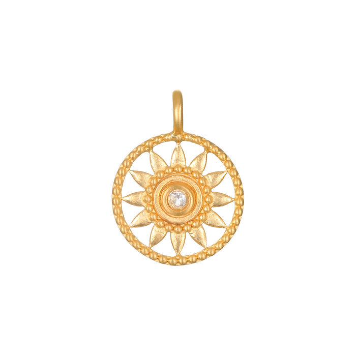 Shining Sun White Topaz Charm in 18kt gold plate, featuring a radiant sun design that embodies vitality and leadership, perfect for spiritual jewelry and meditation practices. This meaningful charm symbolizes creativity and individuality, making it a great addition to your collection of talismans, zodiac items, or malas for protection and manifestation during yoga.