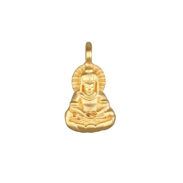 Sitting Buddha Charm in 18kt gold plate, symbolizing truth, peace, and calm. Perfect for spiritual jewelry and meditation practices, this talisman serves as a meaningful manifestation of protection and mindfulness. Ideal for those interested in yoga, zodiac, and malas.