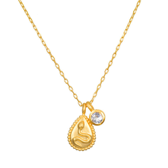 Gold chain necklace with teardrop-shaped snake pendant and round white topaz charm.