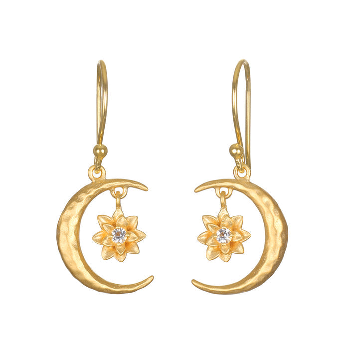 Stunning Spirit in Transformation Lotus Moon Earrings featuring a crescent moon and lotus design, perfect for spiritual jewelry enthusiasts. Ideal for meditation, this talisman embodies the essence of the zodiac and offers protection, making it a meaningful charm for manifestation and yoga practices.