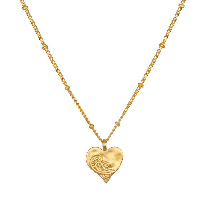 Spirit of Love Gold Heart Necklace featuring a delicate 18k gold plated heart pendant with elegant scrollwork, perfect for wearing during meditation or as a talisman for spiritual meaning and manifestation.