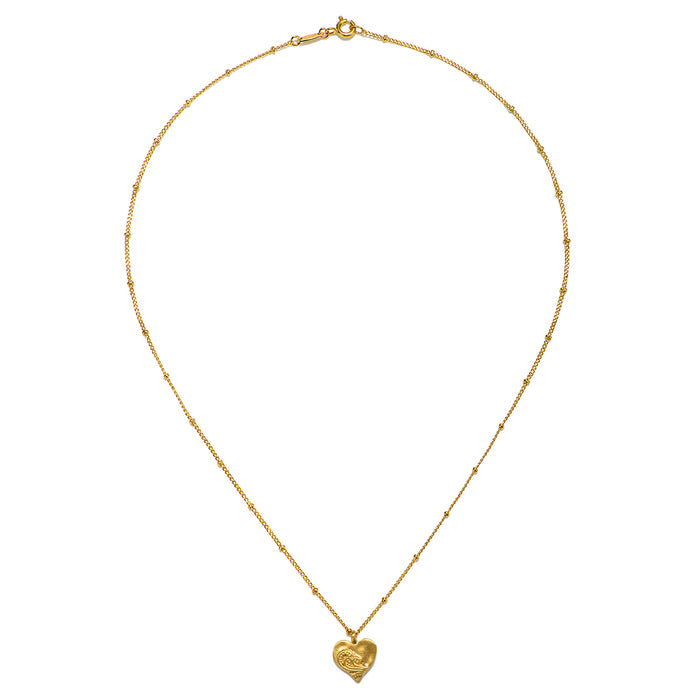 The Spirit of Love Gold Heart Necklace displayed flat, highlighting its gold plate and beaded design, suitable for those seeking meaningful spiritual accessories for protection and clarity.