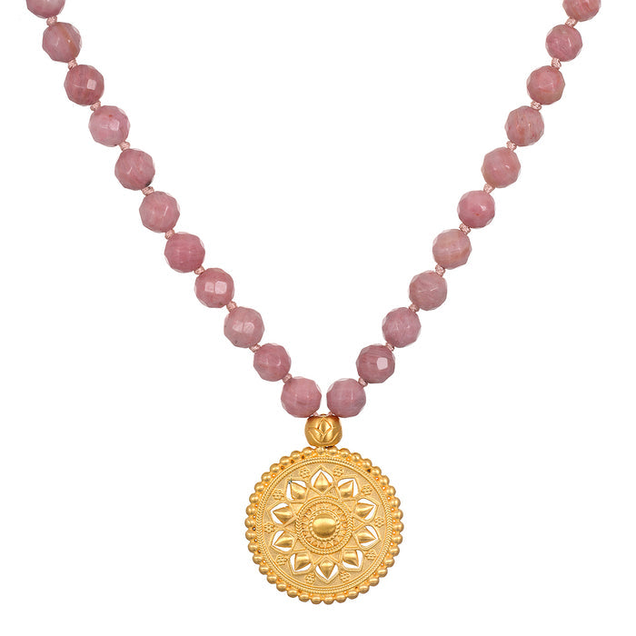 Spiritual Evolution Rhodonite Mala featuring 108 rhodonite beads, an intricate 18KT gold plate mandala, perfect for spiritual jewelry, meditation, and meaningful manifestation.