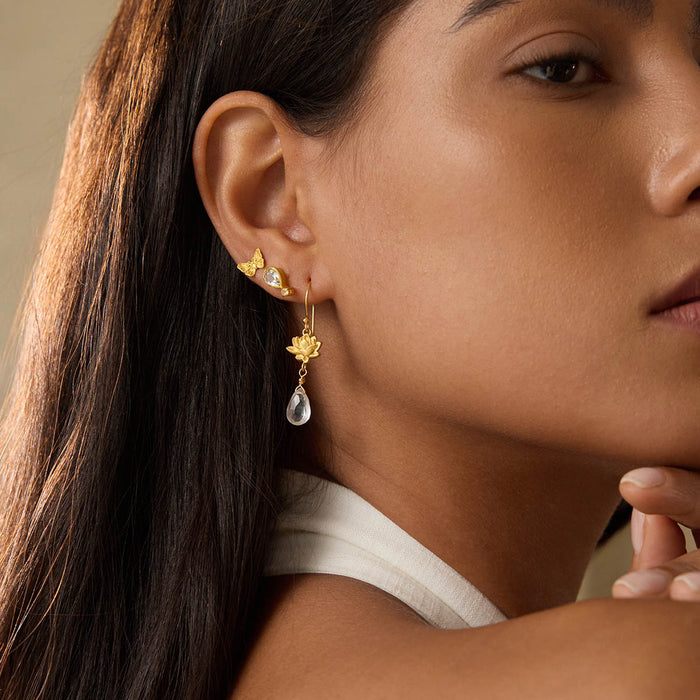 Close-up of a model wearing Spiritual Journey Lotus Crystal Earrings alongside other earrings, highlighting the gold lotus design and crystal detail, a significant addition to spiritual jewelry collections for yoga and manifestation practices.