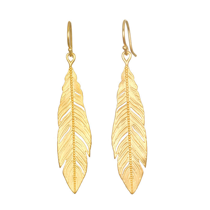 Spiritual Messenger Feather Earrings showcasing delicate feather design in 18kt gold plate, embodying spiritual connection and guidance, perfect for meditation and as a talisman. Ideal for yoga enthusiasts and those seeking meaning and manifestation in their lives, reflecting elements of zodiac and protection.