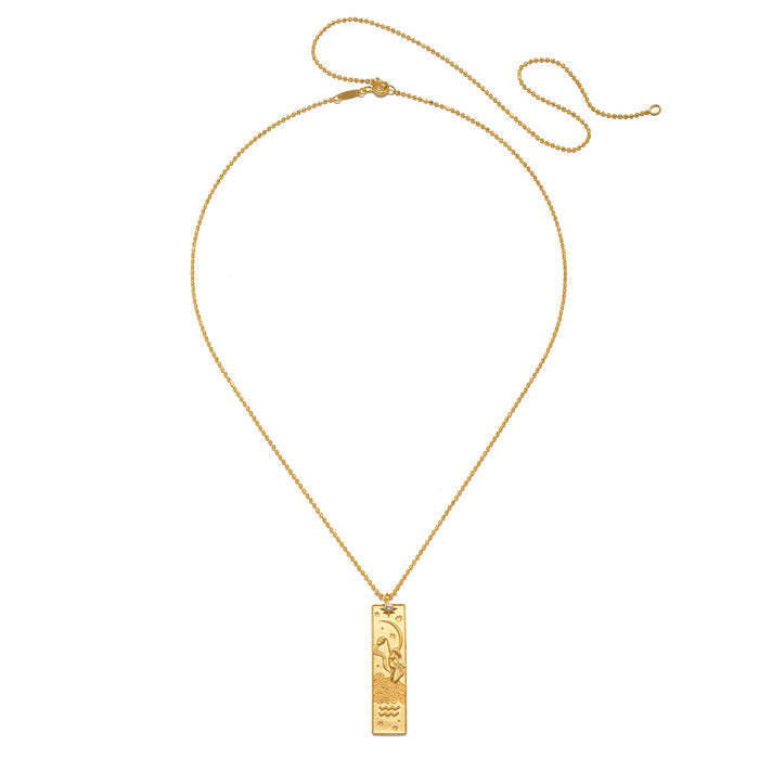 The Story of Aquarius Zodiac Necklace, displayed to reveal its beautiful pendant and chain details. This meaningful spiritual jewelry piece serves as a talisman for those who resonate with the Aquarius zodiac, merging the energies of manifestation, protection, and the harmonious balance of the sun and moon.