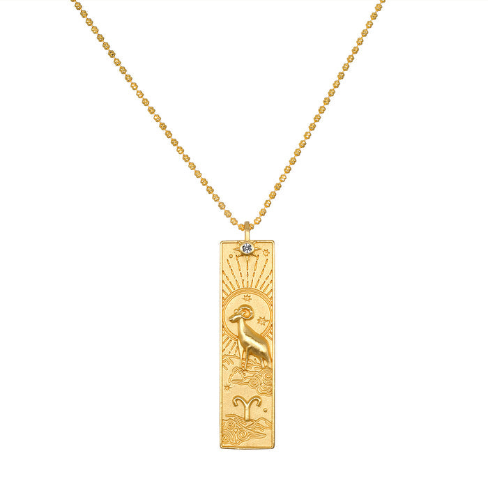 The Story of Aries Zodiac Necklace, featuring a beautifully designed pendant with the Aries symbol, expertly crafted from 18kt gold plating. This spiritual jewelry piece embodies meaning, protection, and is perfect for meditation, manifestation, and yoga practices.