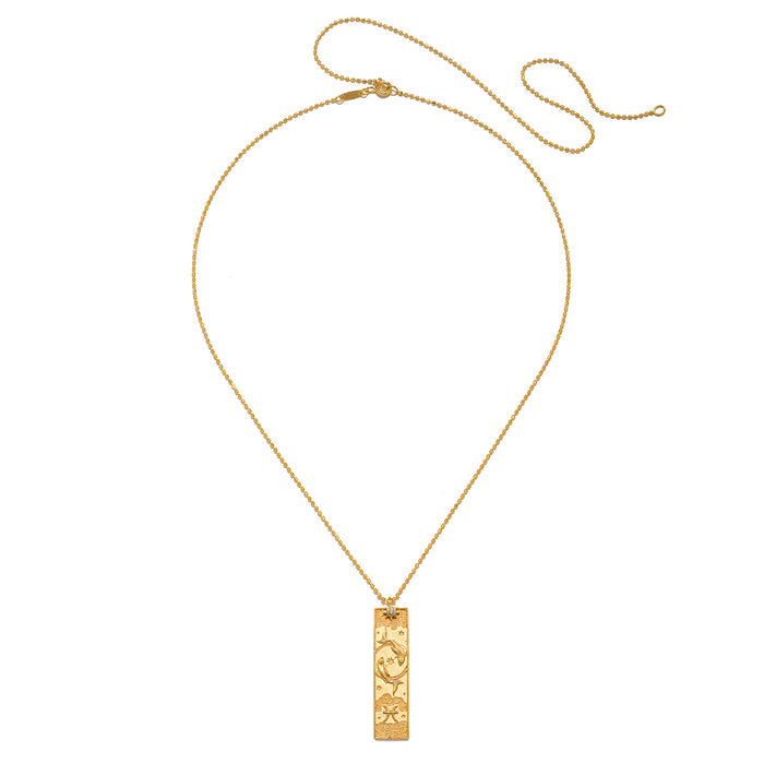 Beautiful Story of Pisces Zodiac Necklace featuring intricate design in 18kt gold plating, perfect for spiritual jewelry and meditation enthusiasts. This necklace serves as a meaningful talisman representing the Pisces zodiac sign, embodying charm and protection, ideal for yoga and manifestation practices.
