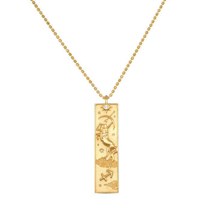 The Story of Sagittarius Zodiac Necklace featuring an intricate design of the Archer, symbolizing spiritual growth. This 18kt gold plated jewelry embodies spiritual meaning, making it a perfect talisman for meditation and manifestation. Ideal for yoga enthusiasts, this piece resonates with the energy of the sun, moon, and zodiac.