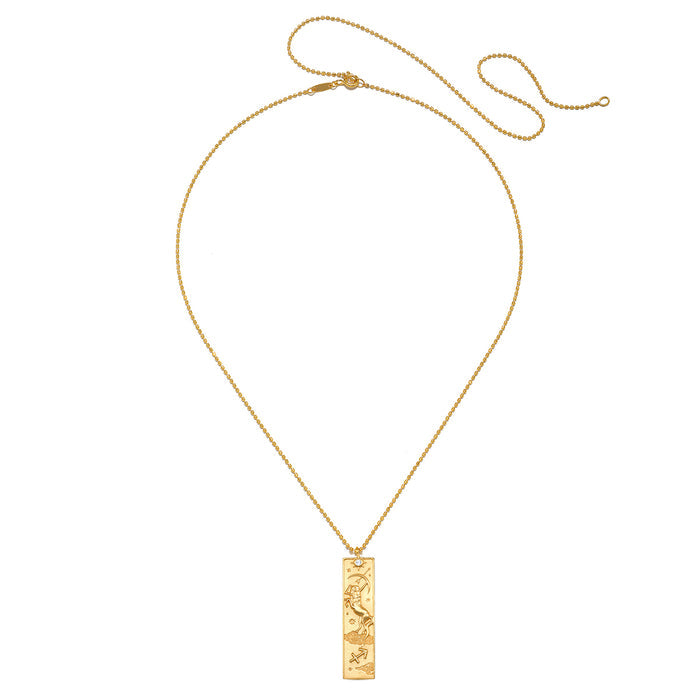 Story of Sagittarius Zodiac Necklace featuring an 18kt gold plated pendant symbolizing the fire sign Sagittarius. This spiritual jewelry piece serves as a meaningful talisman for individuals exploring their zodiac identity. With its connection to meditation and the zodiac's celestial guidance, this necklace embodies protection and essence of the sun and moon, making it perfect for yoga practitioners and those interested in spiritual manifestation.