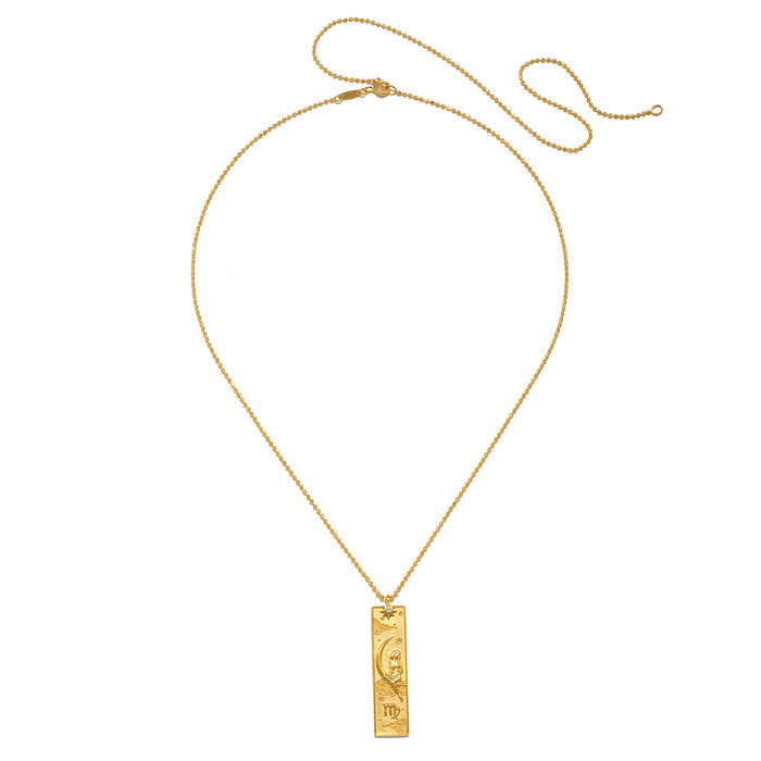 Story of Virgo Zodiac Necklace featuring a beautiful design with a golden finish. This spiritual jewelry captures the essence of Virgo, incorporating elements of the sun and moon, perfect for meditation and manifestation. Wear it as a meaningful talisman that aligns with your zodiac sign, ideal for yoga practices and a reminder of protection and spiritual connection.