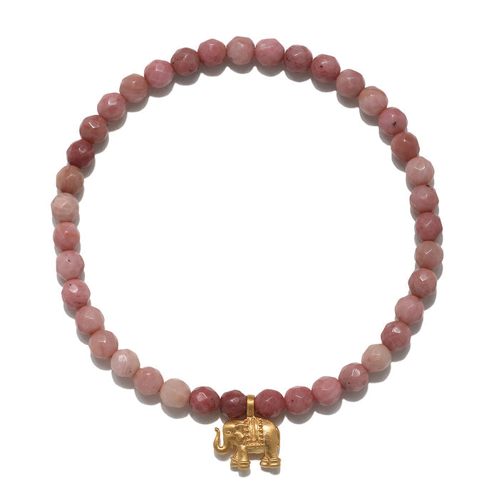 Rhodonite bead stretch bracelet with gold-tone elephant charm pendant.