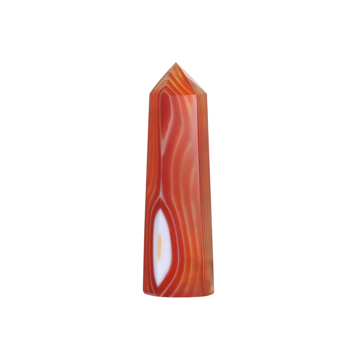 Striped Carnelian Altar Crystal, a striking natural gemstone showcasing vibrant hues of orange and white. Ideal for spiritual jewelry and meditation practices, this talisman serves as a source of protection and vitality. Perfect for manifestation rituals in yoga and other spiritual traditions, connecting with the energies of the sun and moon.