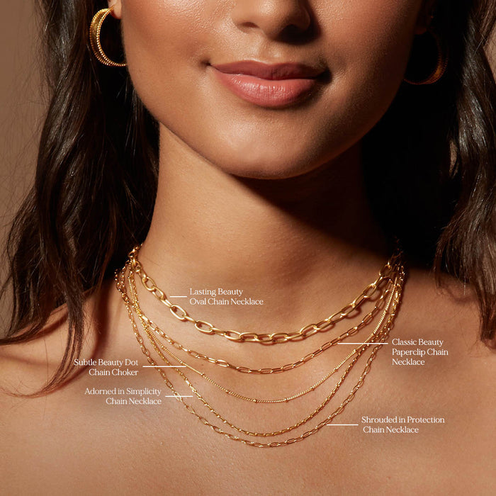 Model showcasing the Subtle Beauty Dot Chain Choker with a minimalist top, surrounded by elegant layered necklaces that convey a sense of spiritual elegance and charm. Ideal for enhancing personal meanings in meditation.