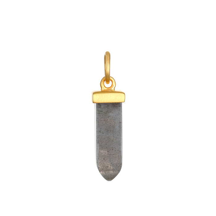 Gray stone bullet-shaped pendant with gold-tone metal cap and loop attachment.