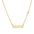 Taurus Stability Zodiac Script Necklace featuring a graceful 'taurus' pendant, symbolizing strength and grounded presence in spiritual jewelry, perfect for meditation and manifestation.