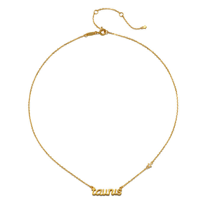 Close-up of the Taurus Stability Zodiac Script Necklace highlighting its elegant design, combining zodiac symbolism with spiritual meaning for meditation and personal manifestation.