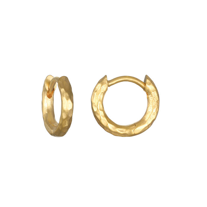 Textured Gold Mini Hoop Earrings showcasing a simple and eye-catching design, perfect for everyday wear. These stylish earrings highlight the beauty of spiritual jewelry, reflecting themes of meditation and manifestation with their 18kt gold plate finish.