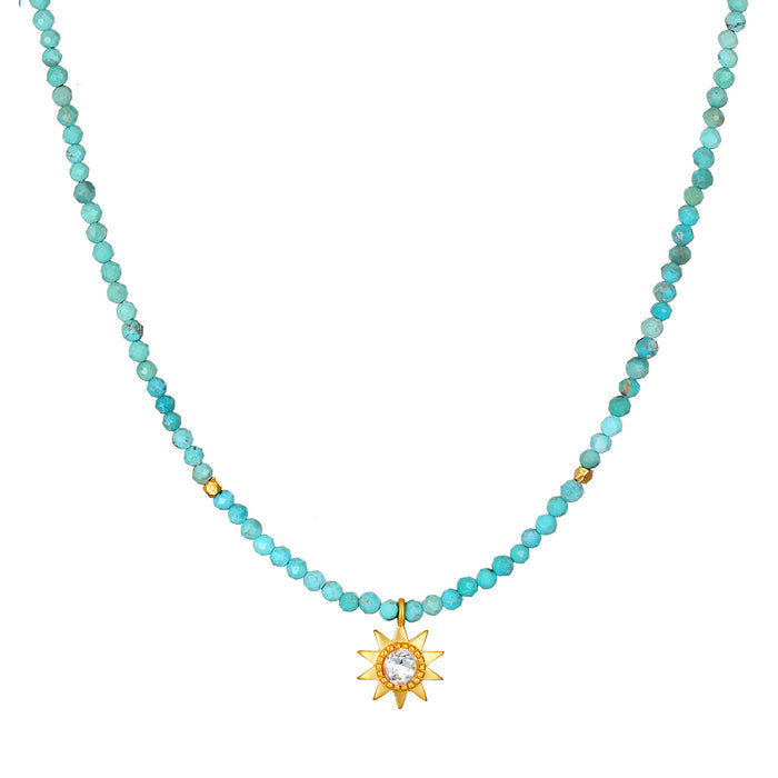 Turquoise bead choker necklace with gold-tone sun pendant featuring a center crystal stone.