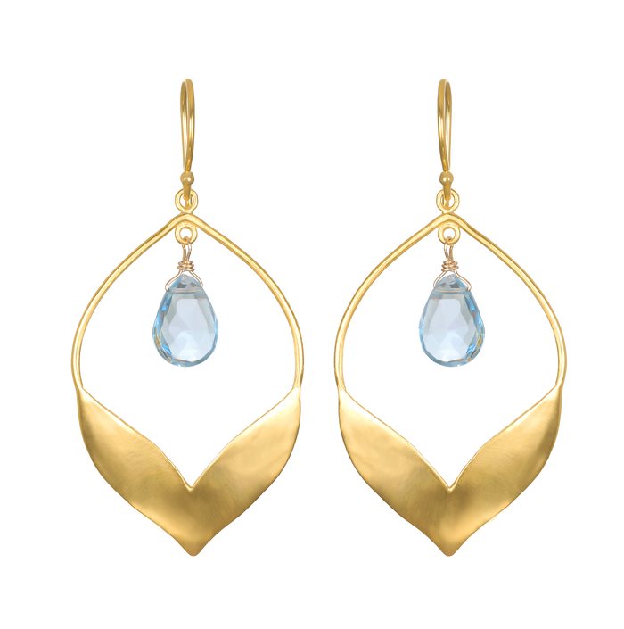 Transformed by Compassion Lotus Blue Topaz Earrings showcasing a beautiful 18kt gold plated design resembling lotus petals, symbolizing new beginnings and full potential. These earrings, featuring blue topaz drops, are perfect for those seeking spiritual jewelry and meditation tools that convey meaningful insights related to protection and manifestation.