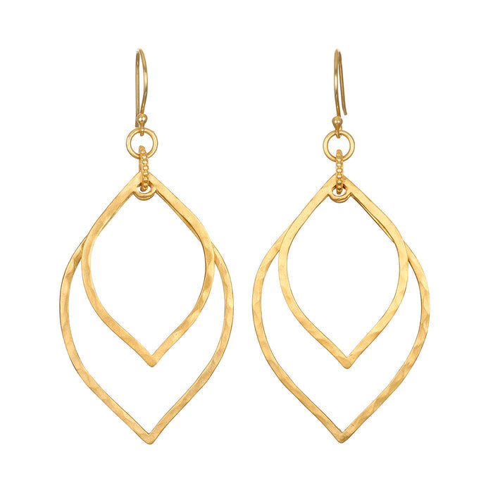 Transformed by Light Lotus Linear Earrings showcasing hammered 18kt gold plating, ideal for spiritual jewelry enthusiasts. These elegant earrings embody the meaning of transformation and new beginnings, perfect for meditation and manifestation practices.