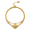 Transformed by Love Lotus Bracelet featuring an 18kt gold plate design adorned with a beautiful lotus flower and rose quartz stones. This spiritual jewelry piece symbolizes new beginnings and love, making it perfect for meditation and manifestation practices. Ideal as a meaningful talisman for protection and connection to sun, moon, and yoga energies.