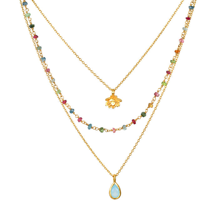 Transformed by Love Tourmaline Agate Lotus Triple Necklace showcasing a delicate design with colorful tourmaline and blue agate stones, perfect for spiritual jewelry enthusiasts seeking meaningful adornments for meditation, yoga, and manifestation.