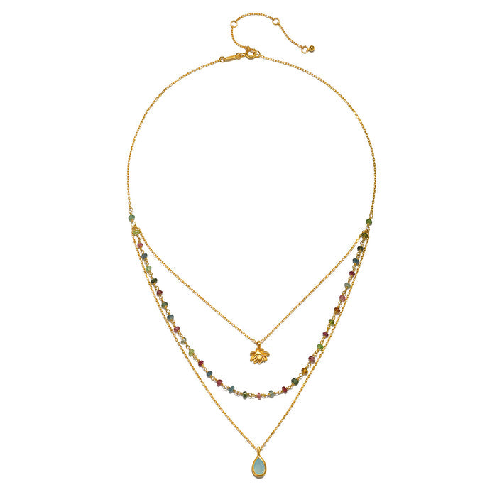 Close-up of the Transformed by Love Tourmaline Agate Lotus Triple Necklace that features an elegant lotus charm atop layered agate and tourmaline stones, perfect for those seeking meaningful spiritual jewelry for protection and manifestation.