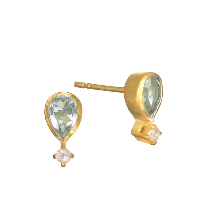 Pair of gold stud earrings with pear-shaped green stones and small round accent stones below.